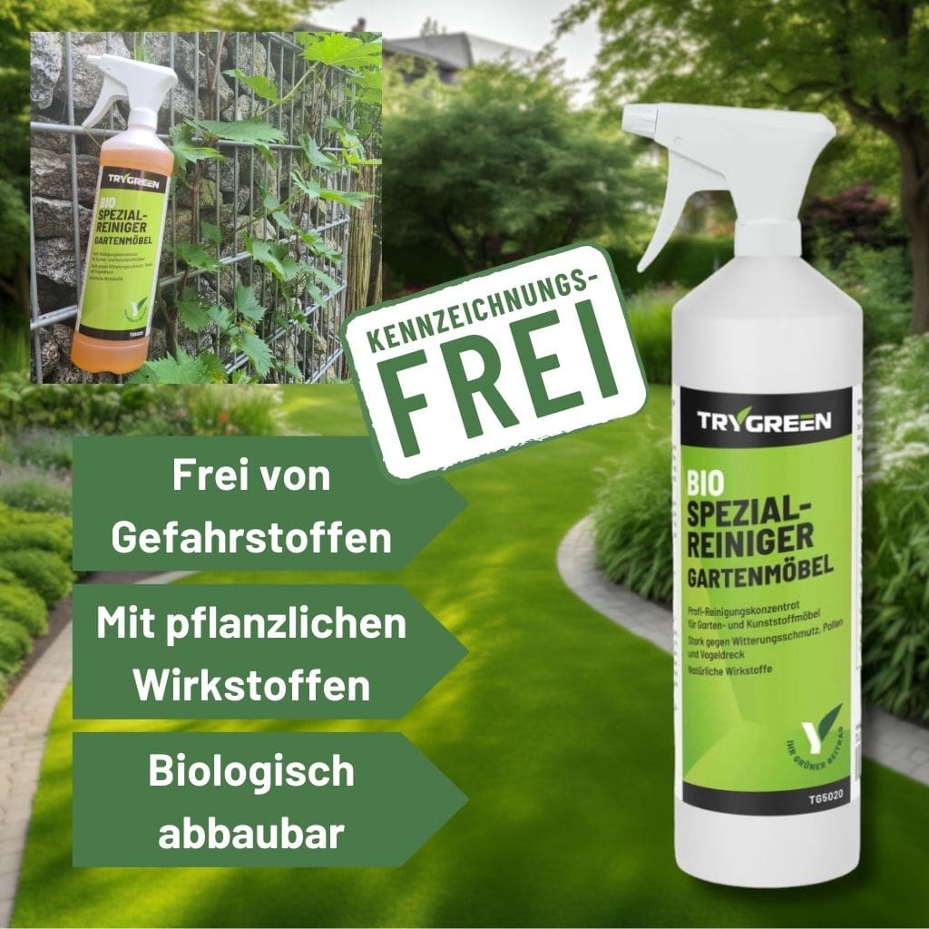 1 Liter Sprüher Bio Spezialreiniger für Gartenmöbel von Trygreen. Biologischer Gartenmöbelreiniger und Kunststoffreiniger für die Reinigung und Pflege von Gartenmöbel und Outdoor-Ausstattung aus Kunststoff, Metall und Polyrattan. Stark gegen Witterungsschmutz, Vogelkot, Grünbelag, Fettflecken, Nikotin. pflanzlicher und biologischer Reiniger. Ohne Gefahrstoffe, pflanzlich und biologisch abbaubar.