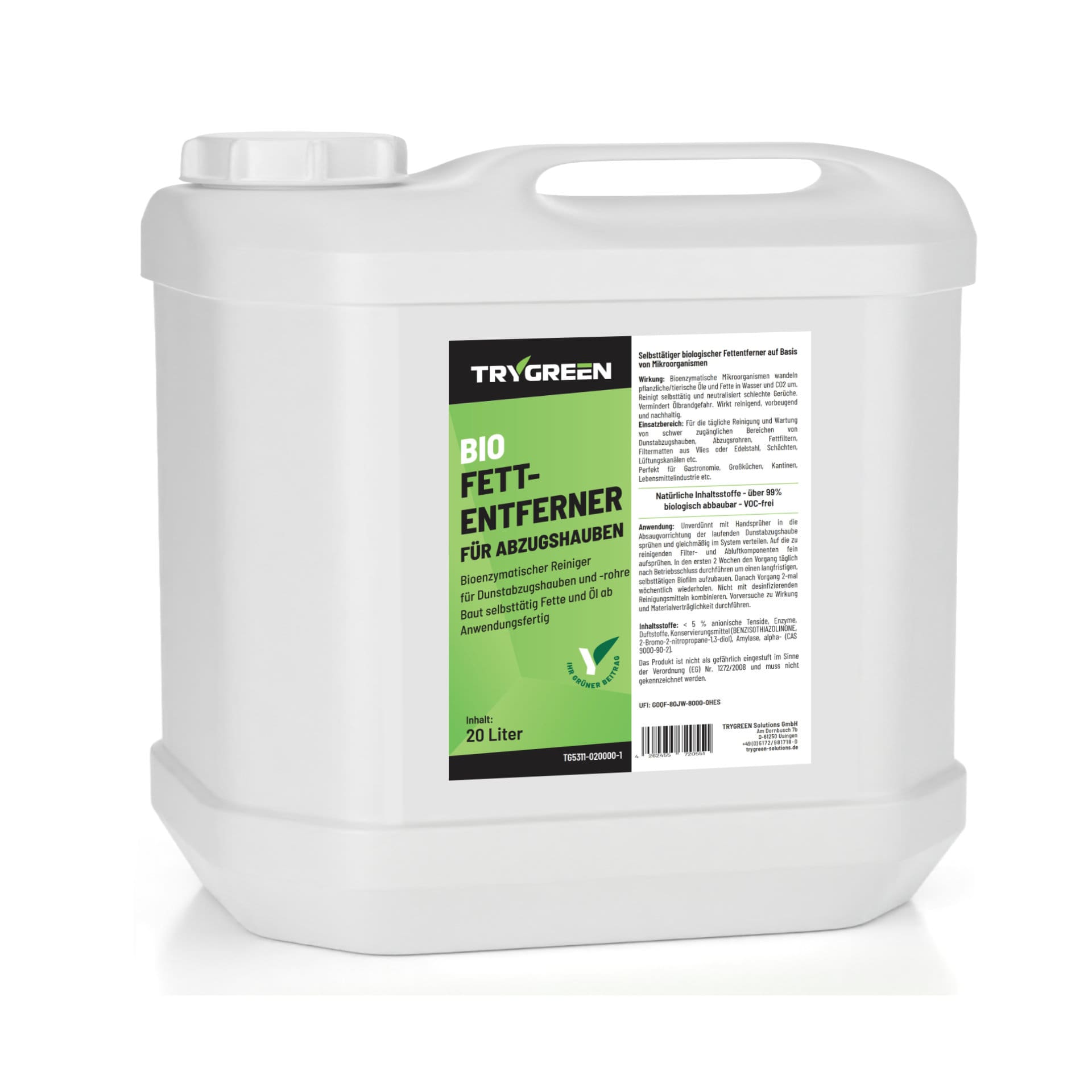 20 Liter Kanister Bio Fettentferner für Abzugshauben von Trygreen. Zum Reinigen von für Dunstabzugshauben und Abluftkanälen, gegen Fettablagerungen und Gerüche.